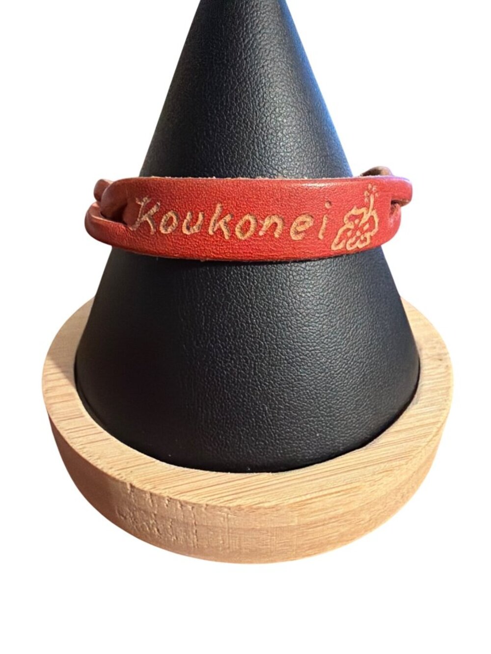 Leather Treaty Red Leather Bracelet Braided Snap Closure Koukonei Etched 6.75"